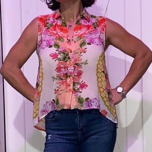 Cute Floral Print Button Down Hi-Low Top
